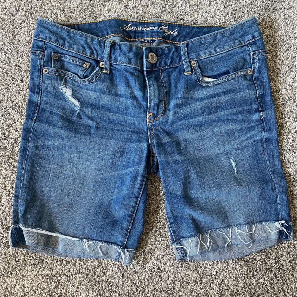 American Eagle Outfitters Medium Blue Rolled Hem Distressed Denim Shorts